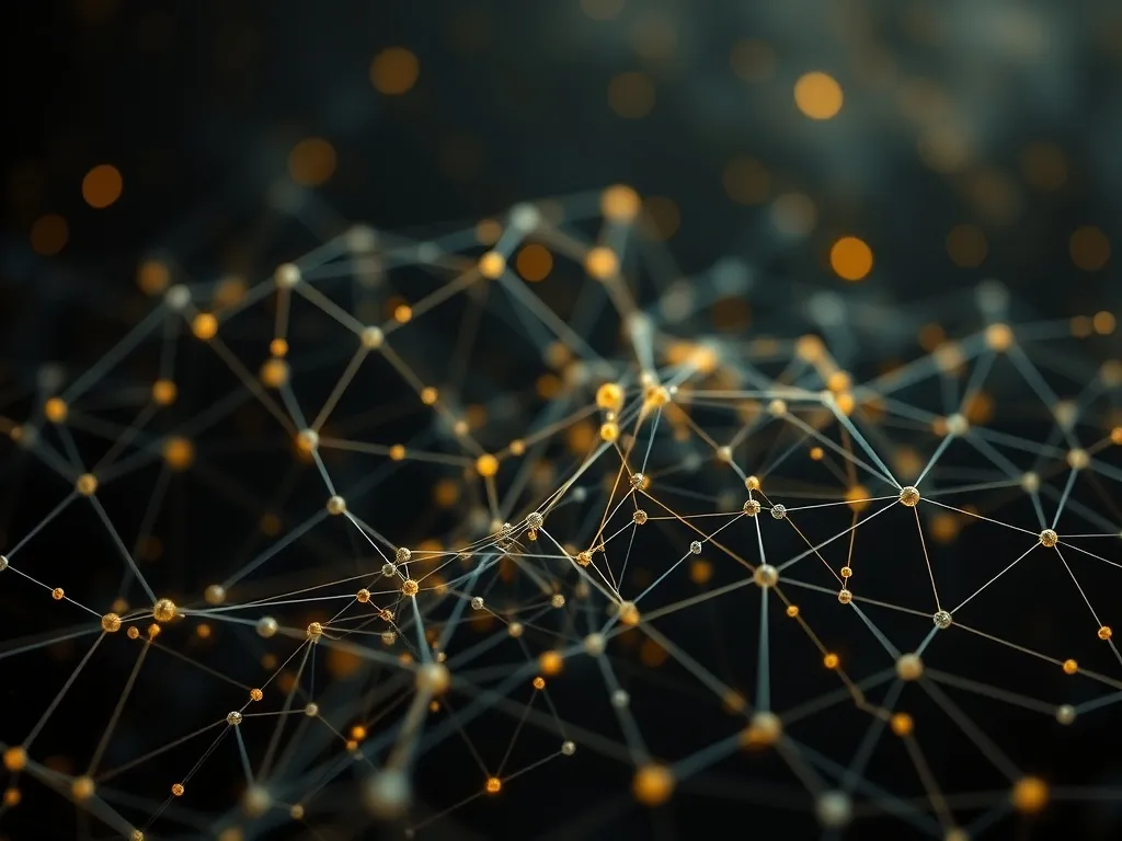 Abstract 3D visualization of interconnected data nodes and n