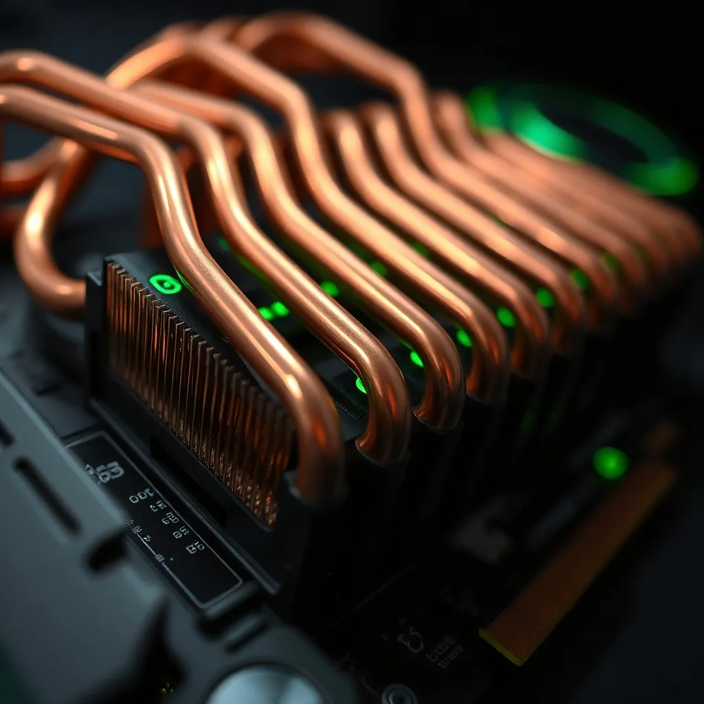 Close up of a high-end GPU graphics card with copper heat pi