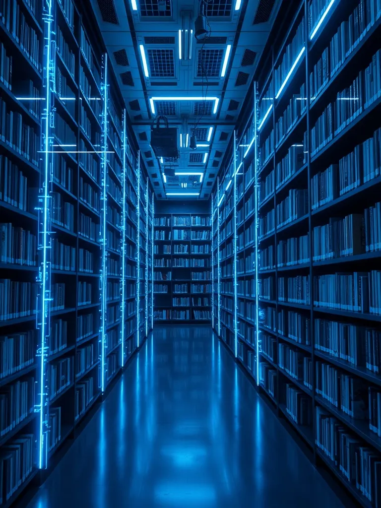 A high-tech library with glowing blue lines of data flowing