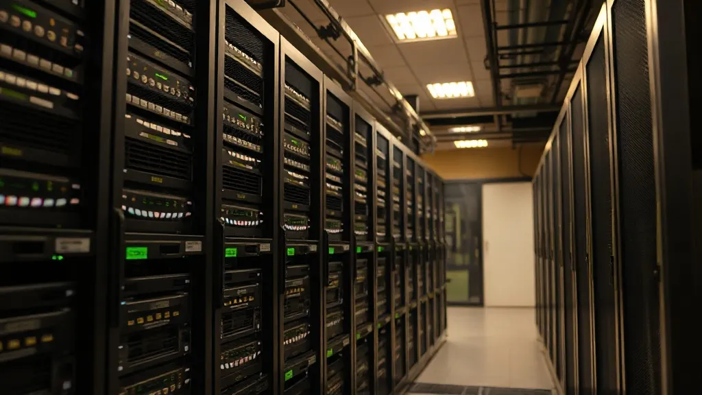 A professional, clean server rack in a dimly lit office envi