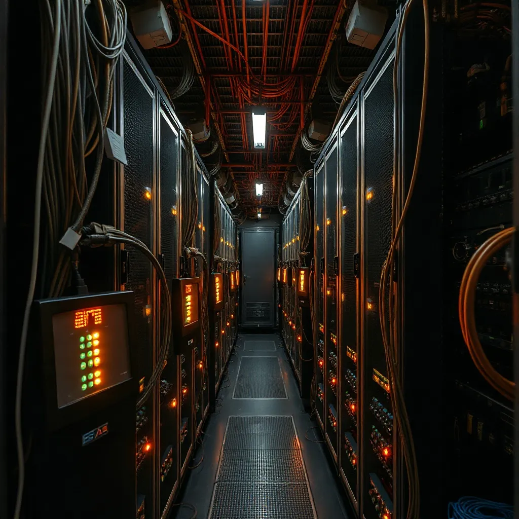 A high-angle shot of a vintage server room with many cables