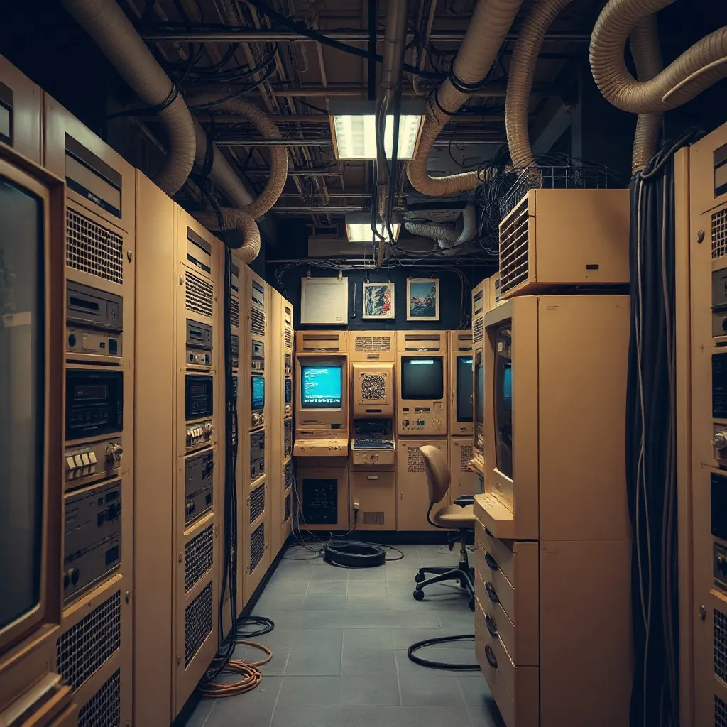 A vintage 1990s server room with large beige computers and m